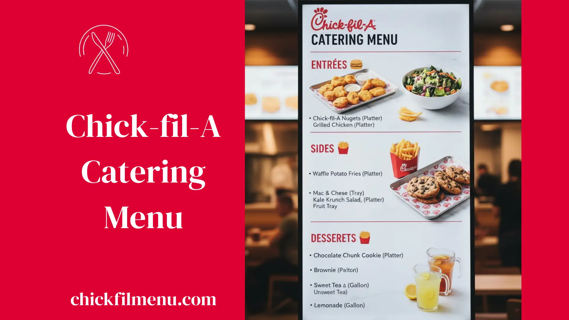 Explore the Chick-fil-A catering menu with 2025 prices, party trays, nuggets, sandwiches, salads, drinks, and catering options for events and gatherings.