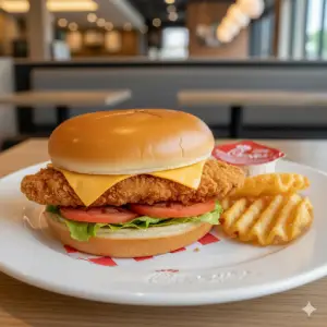 "Chick-fil-A Deluxe Chicken Sandwich with lettuce, cheese and tomato"