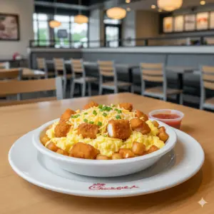 "Chick-fil-A Hash Brown Scramble Bowl containing eggs, chicken and potatoes"