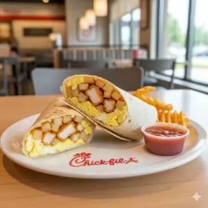 "Chick-fil-A Hash Brown Scramble Burrito with eggs, chicken and hash browns"