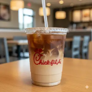 "Chick-fil-A iced coffee with light cream"