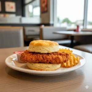 "Chick-fil-A Spicy Chicken Biscuit with hot seasoned chicken"